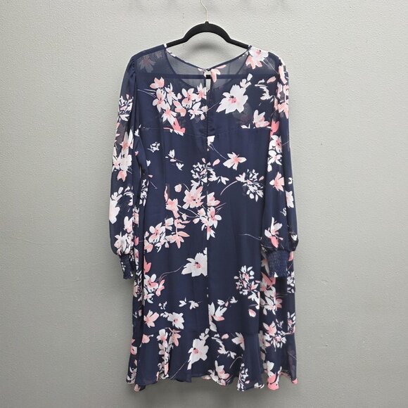 Eliza J Dress Womens 18W Navy Blue Floral Chiffon Long Sleeve Ruffle Hem Shift - Picture 6 of 16